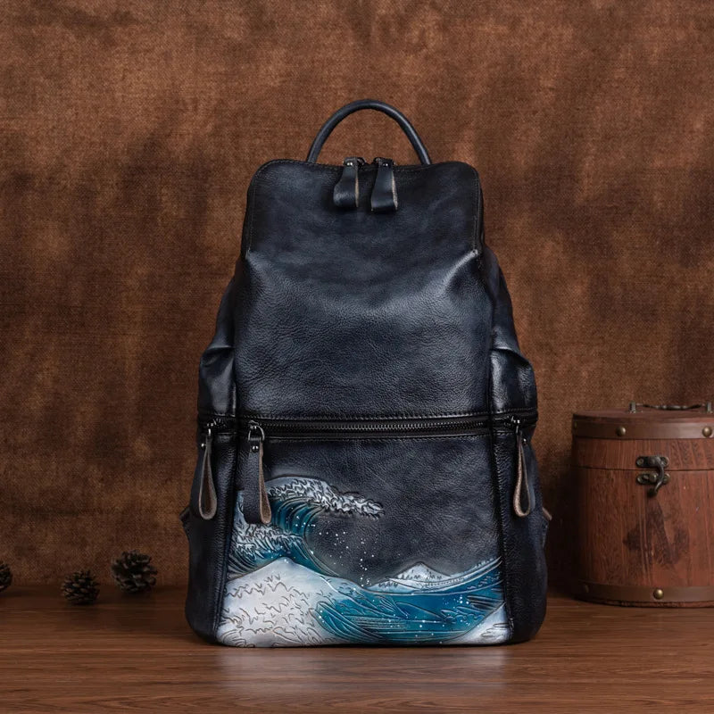 Everest Vintage – mochila em pele bovina, cor azul e preto