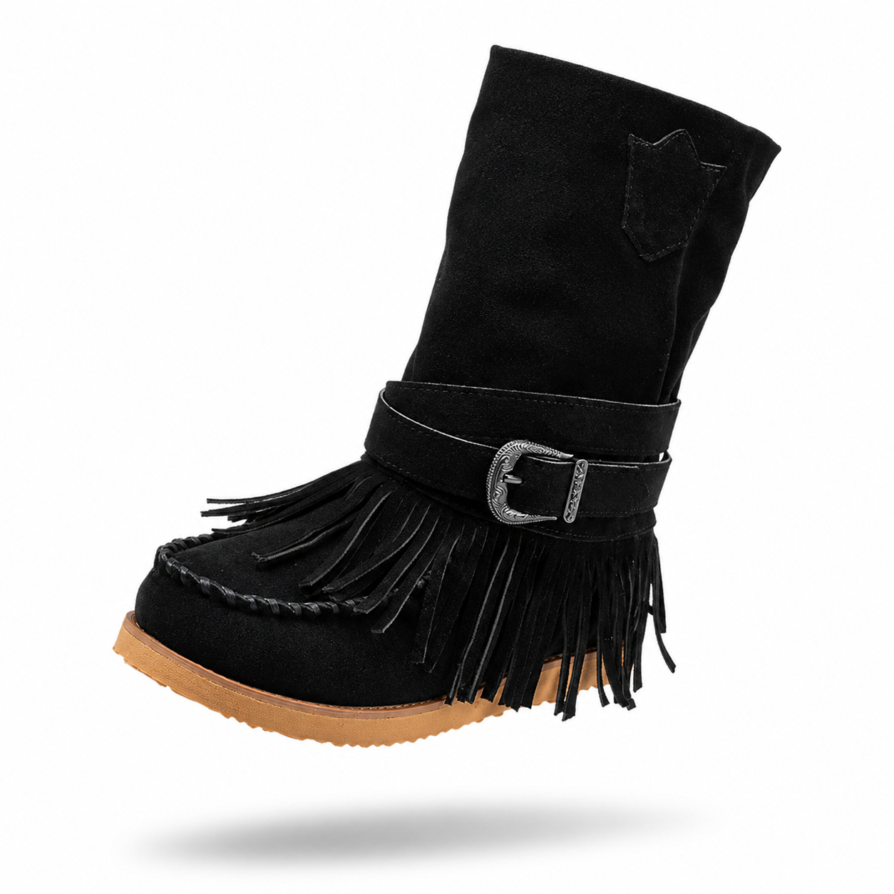 Bottes mi-mollet plates avec boucle de ceinture et pompon, style européen et américain, pour femme, grandes tailles, nouvelle collection hiver 2025 (Wish43 en stock)
