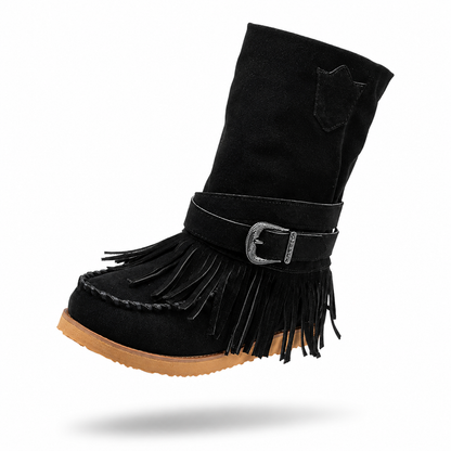 Bottes mi-mollet plates avec boucle de ceinture et pompon, style européen et américain, pour femme, grandes tailles, nouvelle collection hiver 2025 (Wish43 en stock)