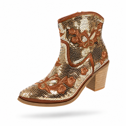 Rosalyn - Bota Feminina de Salto com Bordado Floral e Brilho