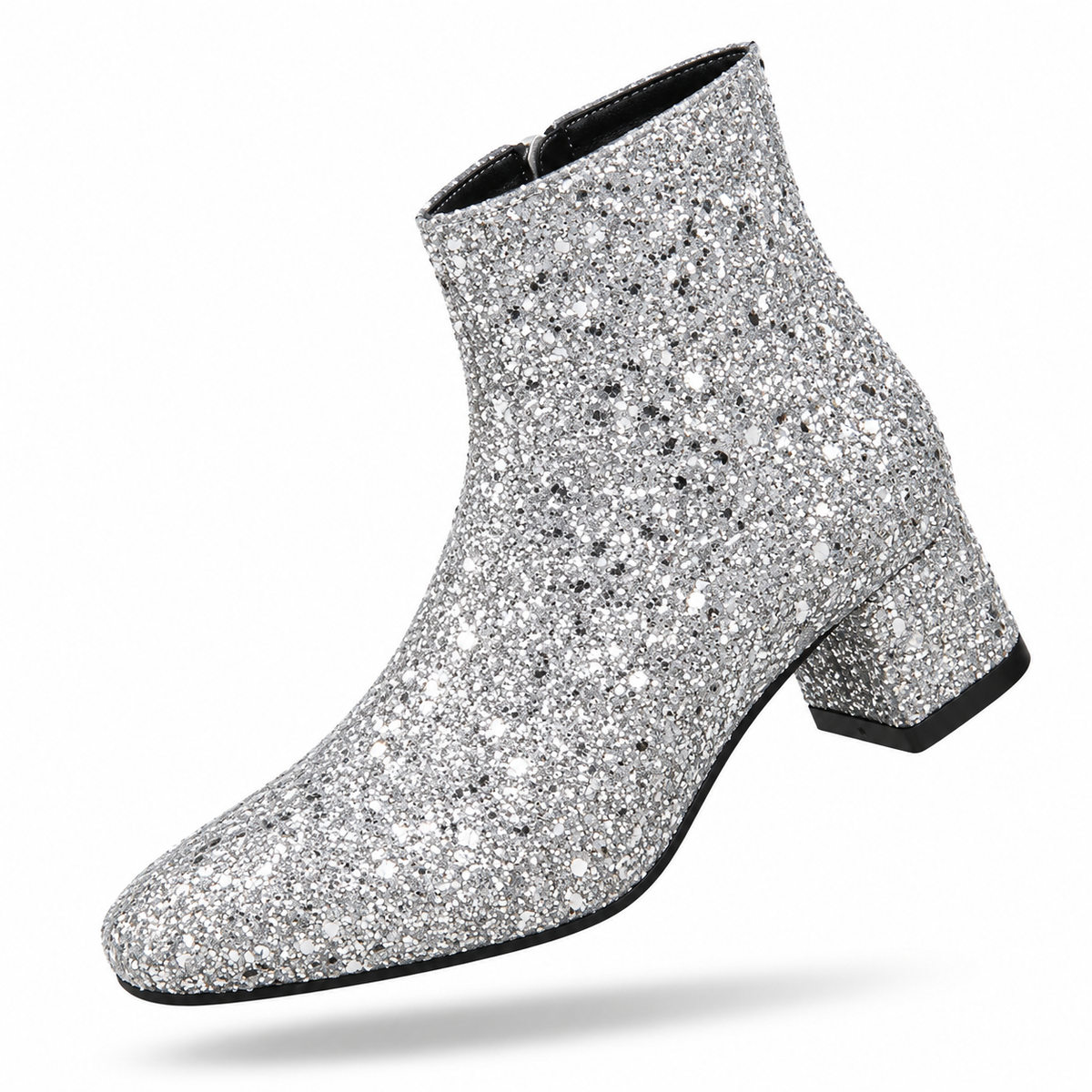 Bottes à la mode à paillettes pour femmes, grandes tailles, talon mi-haut, nouvelle collection automne 2025, fermeture éclair latérale, argent, bottes polyvalentes, en stock