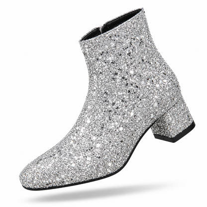 Bottes à la mode à paillettes pour femmes, grandes tailles, talon mi-haut, nouvelle collection automne 2025, fermeture éclair latérale, argent, bottes polyvalentes, en stock