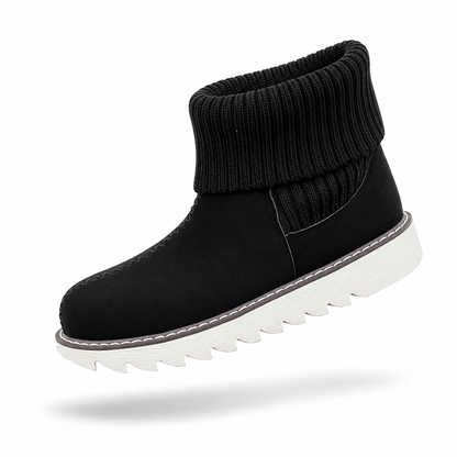 Bottes de neige grandes tailles pour femmes, style européen et américain, nouvelle collection hiver, bout rond plat, bord en maille, chaussures plates courtes pour étudiantes