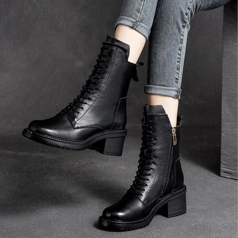 Bottes pour femmes GKTINOO en cuir de vachette, talon carré de 6 cm