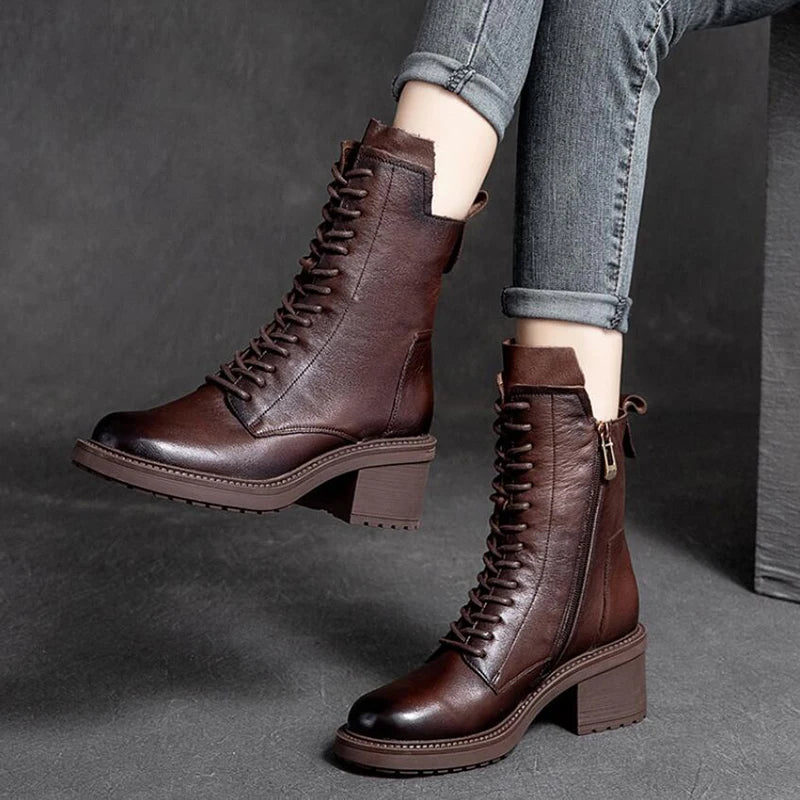 Bottes pour femmes GKTINOO en cuir de vachette, talon carré de 6 cm