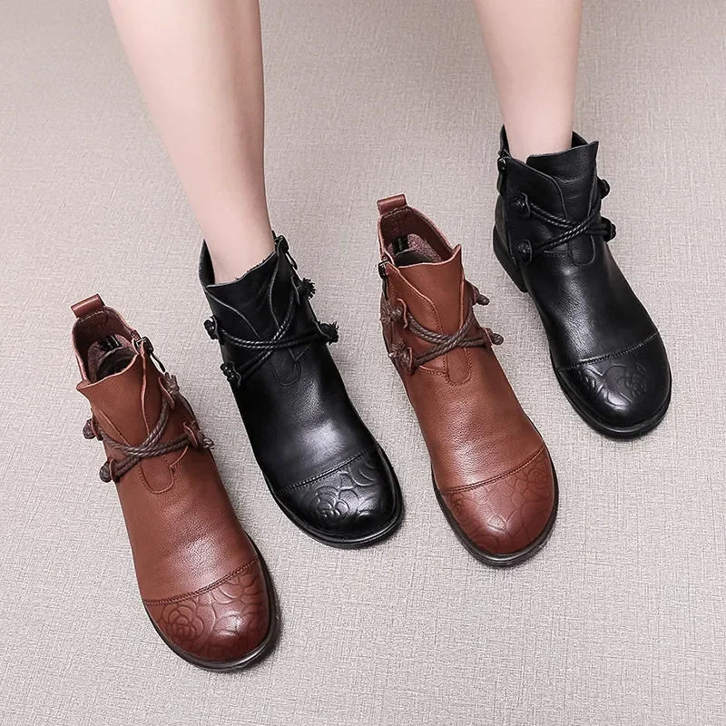 Bottes confortables pour femmes en cuir véritable avec fermeture éclair latérale