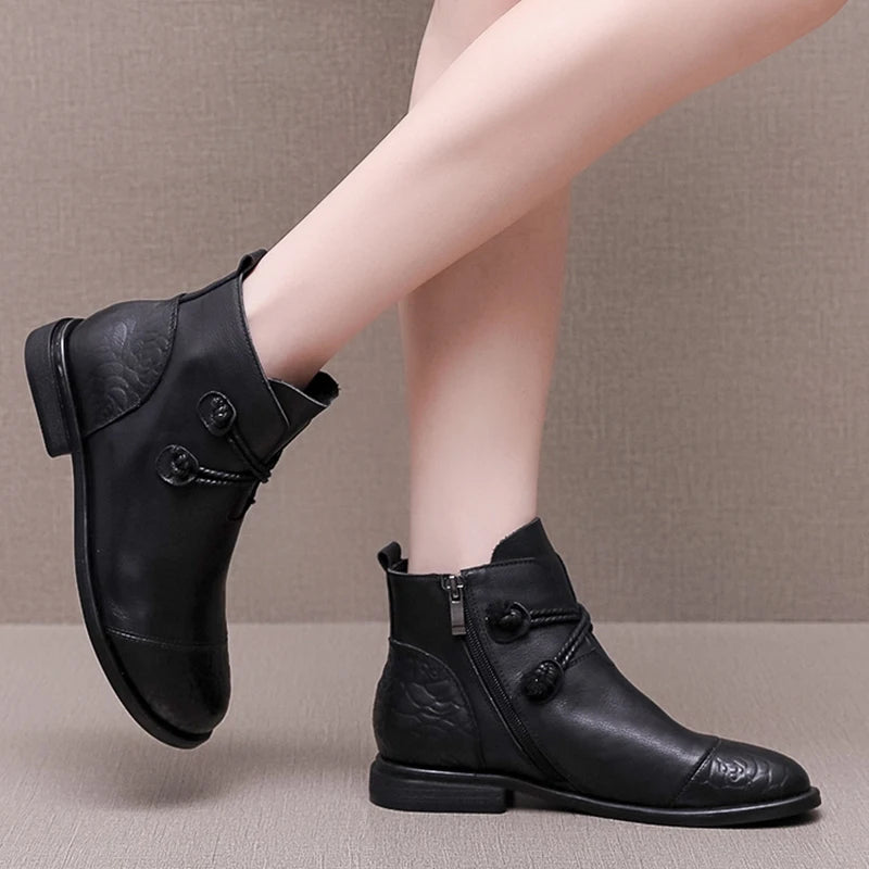 Bottes confortables pour femmes en cuir véritable avec fermeture éclair latérale