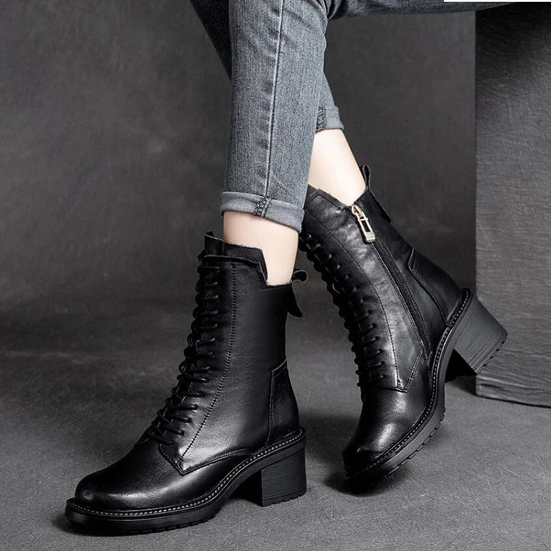 Bottes pour femmes GKTINOO en cuir de vachette, talon carré de 6 cm