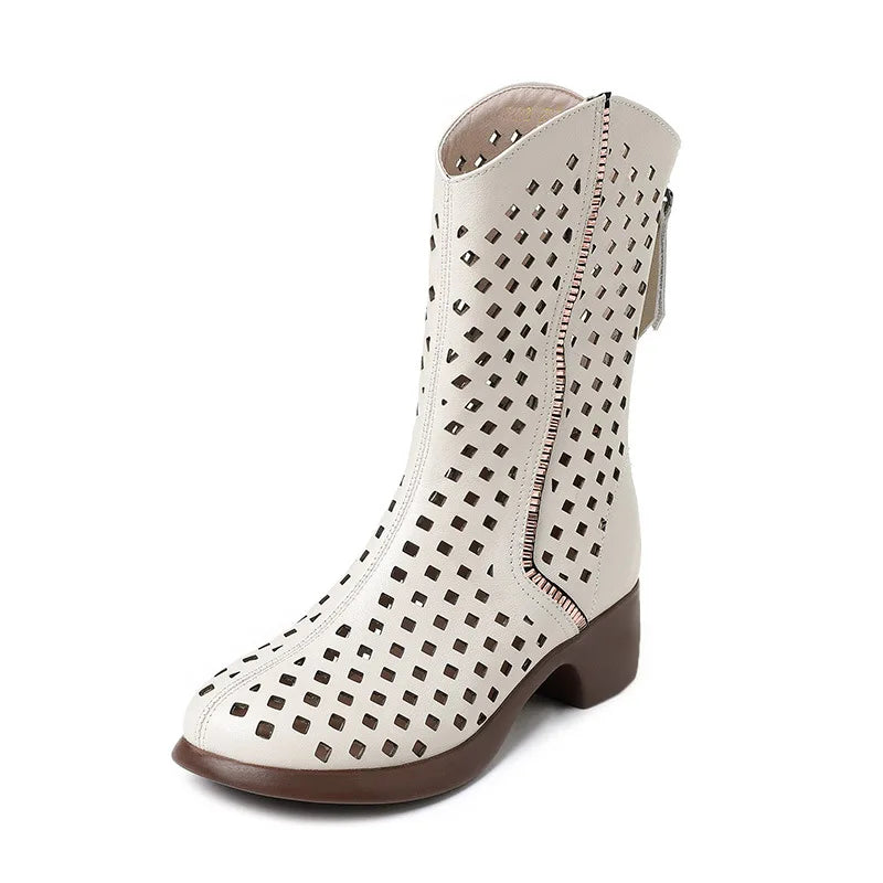 Bottes pour femmes en cuir véritable avec détails ajourés, longueur mi-mollet