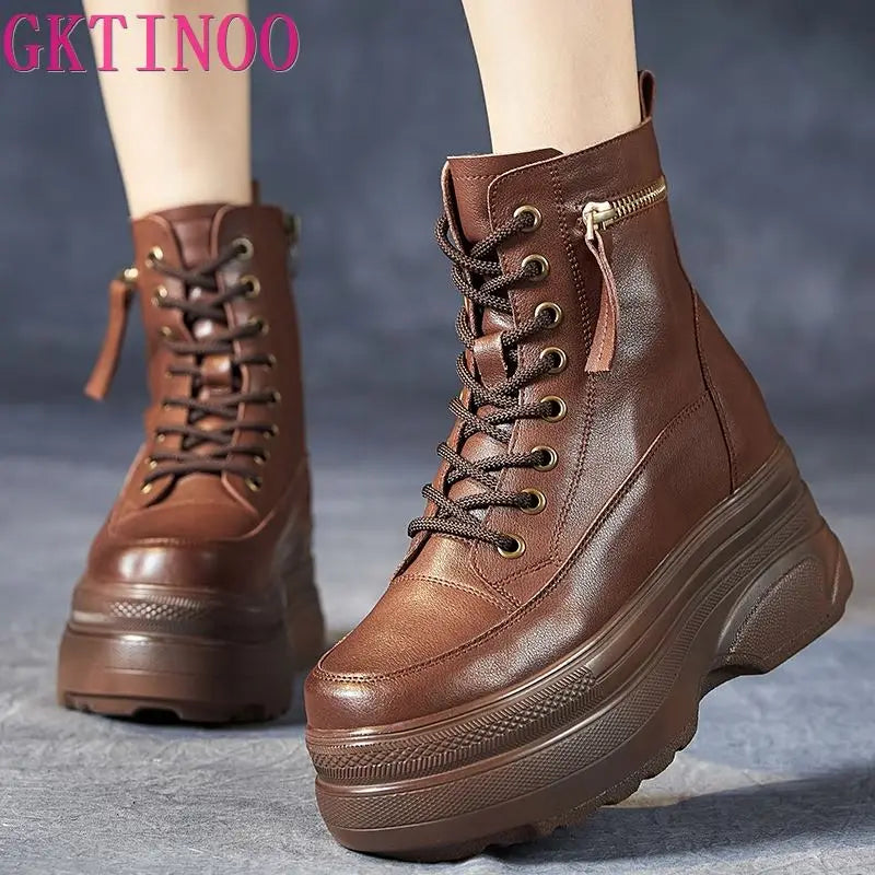 Bottines à plateforme pour femmes en cuir véritable