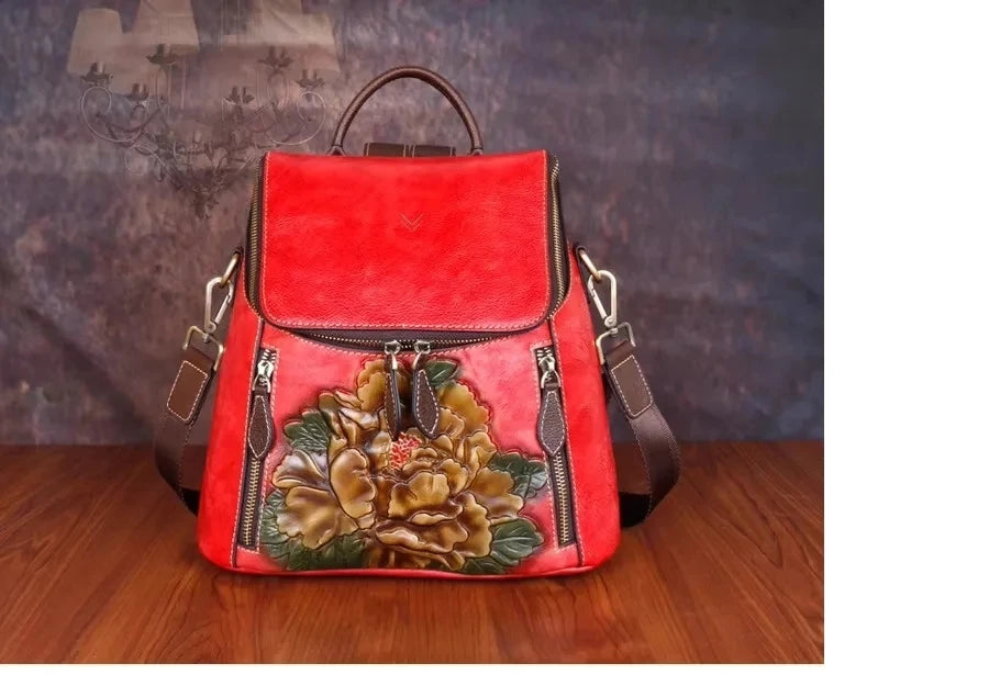 Sac à dos Matilde Vintage à motif floral – Fabriqué en cuir véritable de première qualité 