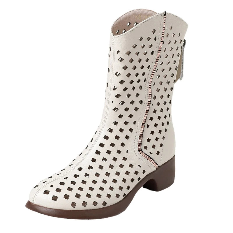 Bottes pour femmes en cuir véritable avec détails ajourés, longueur mi-mollet
