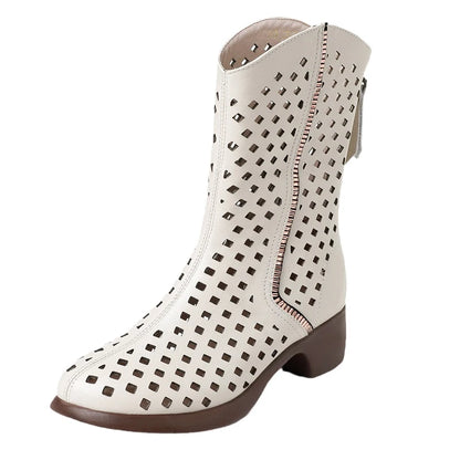 Bottes pour femmes en cuir véritable avec détails ajourés, longueur mi-mollet