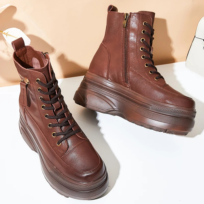 Bottines à plateforme pour femmes en cuir véritable