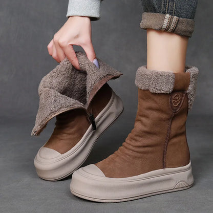 Bottes d'hiver pour femmes en cuir véritable et laine à plateforme