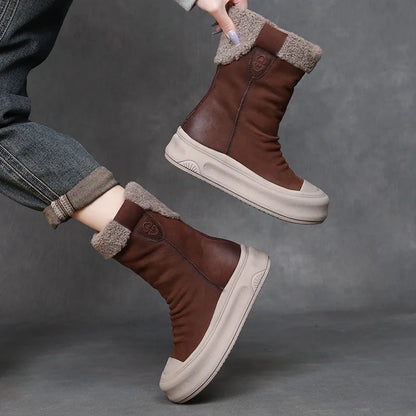 Bottes d'hiver pour femmes en cuir véritable et laine à plateforme