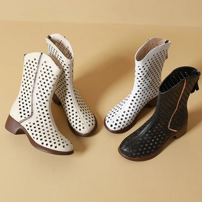 Bottes pour femmes en cuir véritable avec détails ajourés, longueur mi-mollet