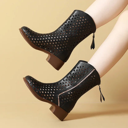 Bottes pour femmes en cuir véritable avec détails ajourés, longueur mi-mollet