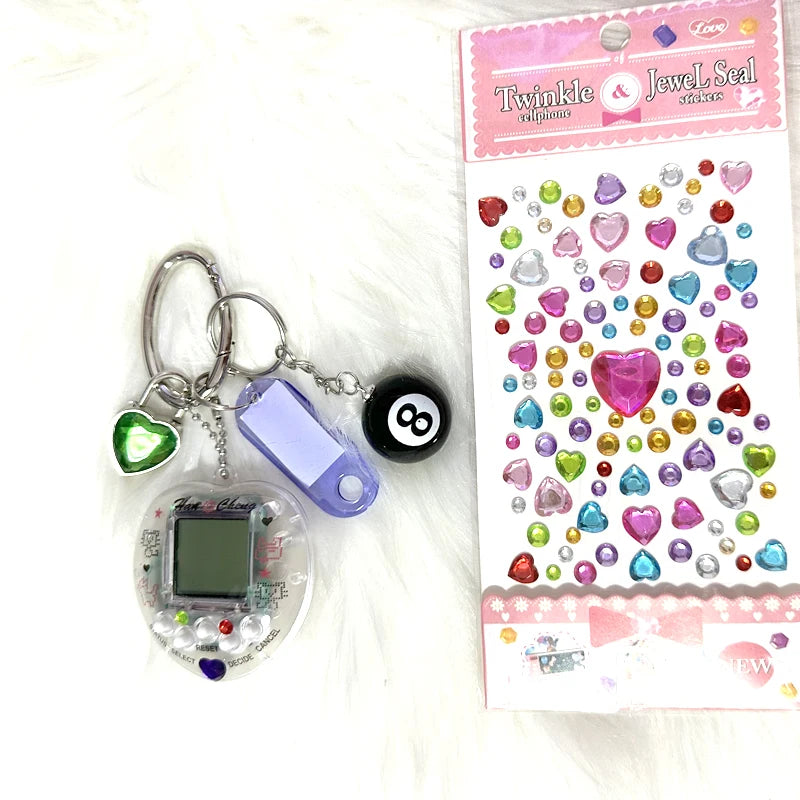 Porte-clés console de jeux arc-en-ciel coréen tendance Kawaii Harajuku Charm Y2K Cadenas cœur cristal DIY Pendentif porte-clés vintage