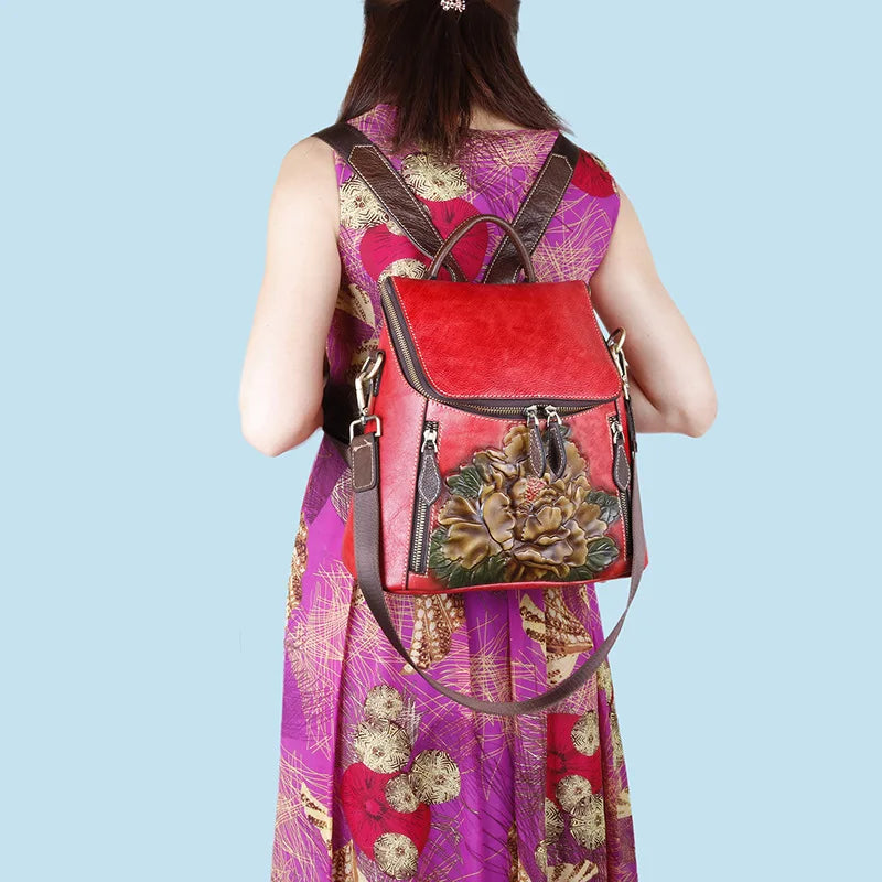 Sac à dos Matilde Vintage à motif floral – Fabriqué en cuir véritable de première qualité 