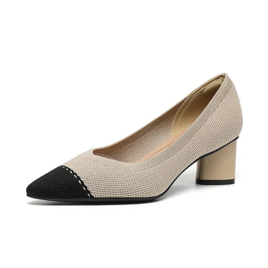 Camélia Beige - Sapato de Salto Médio Bicolor com Ponta Contrastante