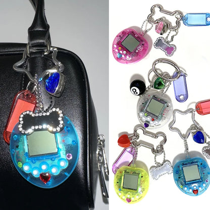 Porte-clés console de jeux arc-en-ciel coréen tendance Kawaii Harajuku Charm Y2K Cadenas cœur cristal DIY Pendentif porte-clés vintage