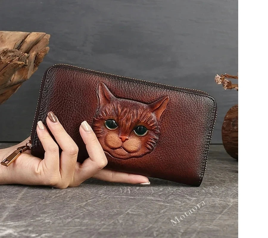 Portefeuille Luna Vintage Cat – Fabriqué en cuir véritable de qualité supérieure