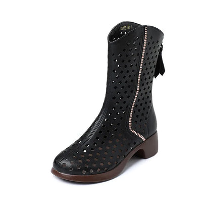 Bottes pour femmes en cuir véritable avec détails ajourés, longueur mi-mollet