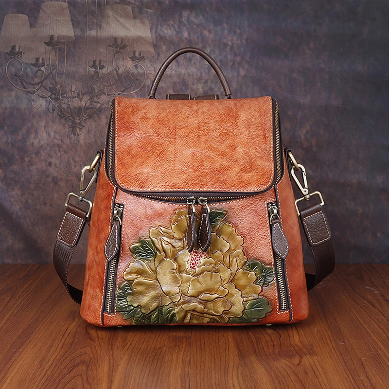 Sac à dos Matilde Vintage à motif floral – Fabriqué en cuir véritable de première qualité 
