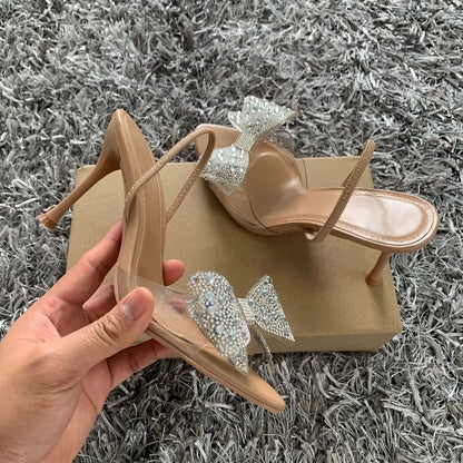 Celeste Crystal - Sandálias Transparentes de Luxo com Laço de Cristais