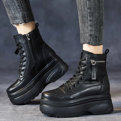 Bottines à plateforme pour femmes en cuir véritable