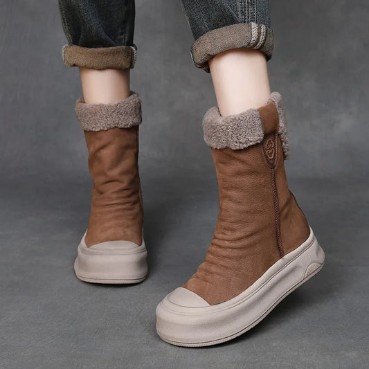 Bottes d'hiver pour femmes en cuir véritable et laine à plateforme