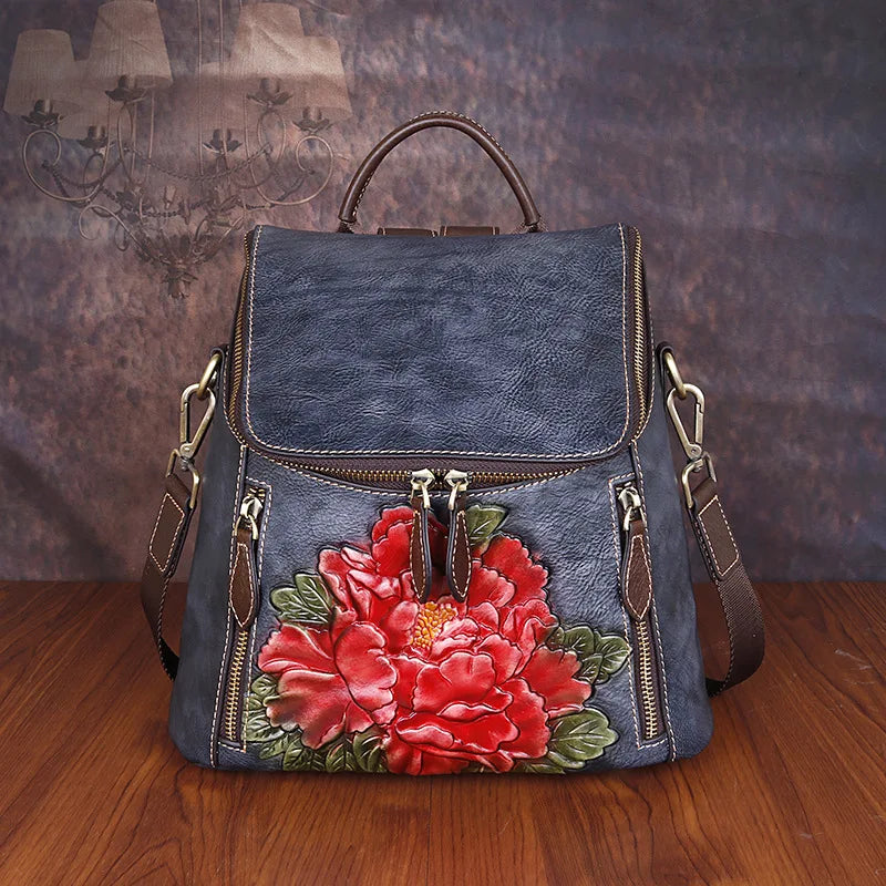 Sac à dos Matilde Vintage à motif floral – Fabriqué en cuir véritable de première qualité 