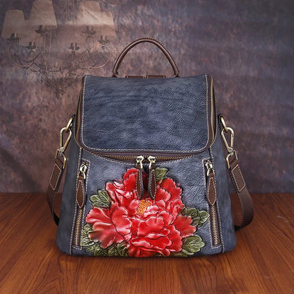 Sac à dos Matilde Vintage à motif floral – Fabriqué en cuir véritable de première qualité 