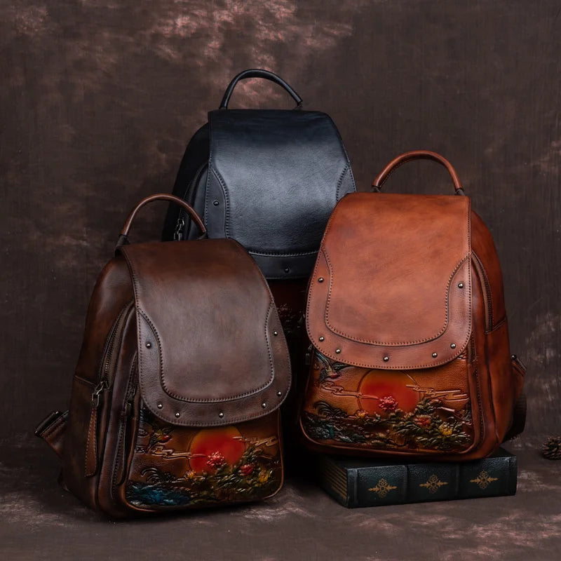 Mochila Floral Inês Vintage – Em Couro Genuíno Premium