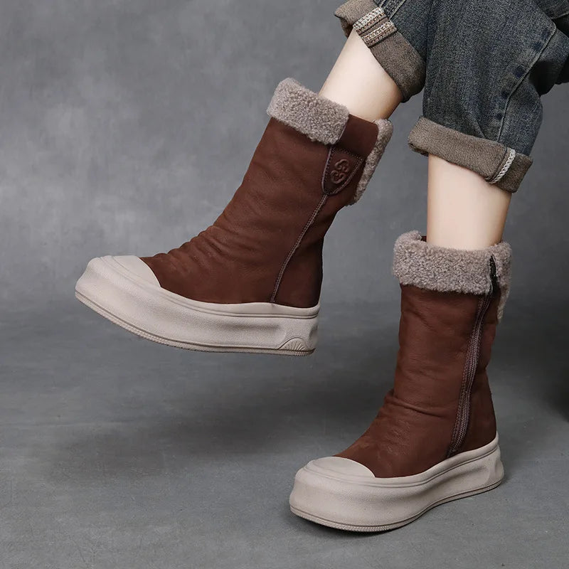 Bottes d'hiver pour femmes en cuir véritable et laine à plateforme