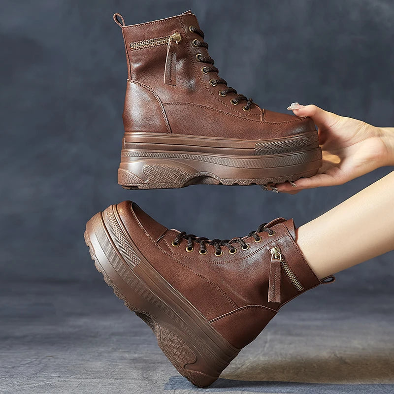 Bottines à plateforme pour femmes en cuir véritable
