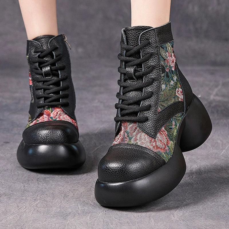 Bottes à plateforme hautes en cuir véritable pour femmes
